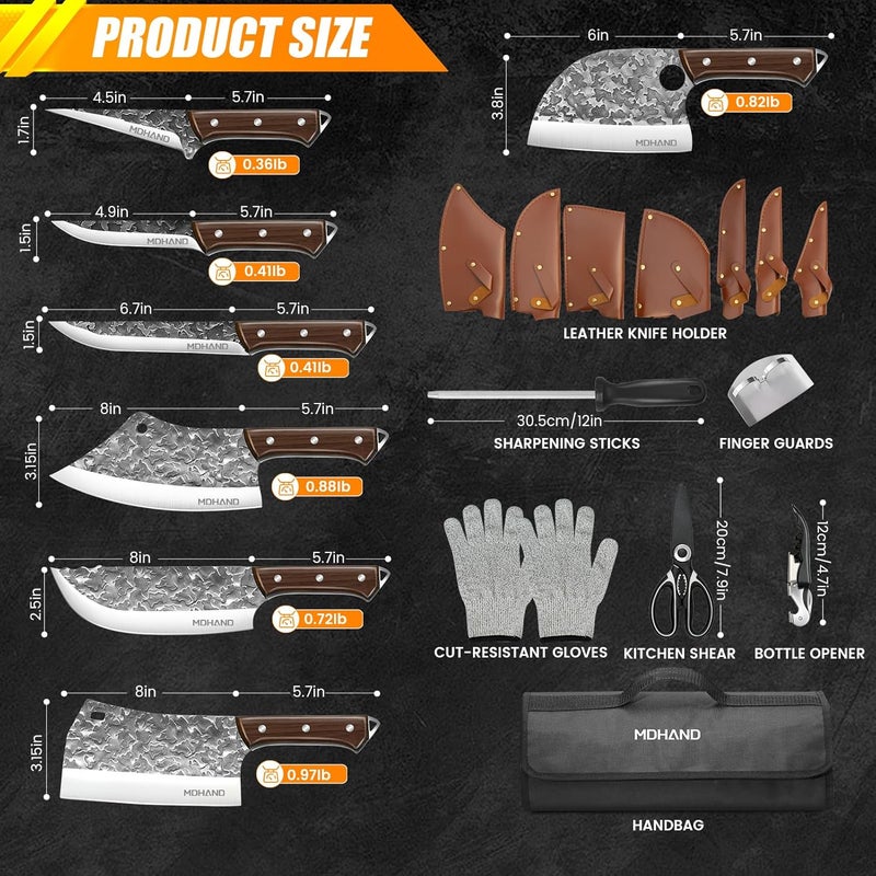 MDHAND 14PCS Professional Butcher Knife Set with Roll Bag, Heavy Duty Meat Cleaver, Boning Knife, Viking Knives, Hand Forged Chef Knife Set, Meat Cutting Knife for Kitchen, Gift for Men, BBQ, Camping - Image 4